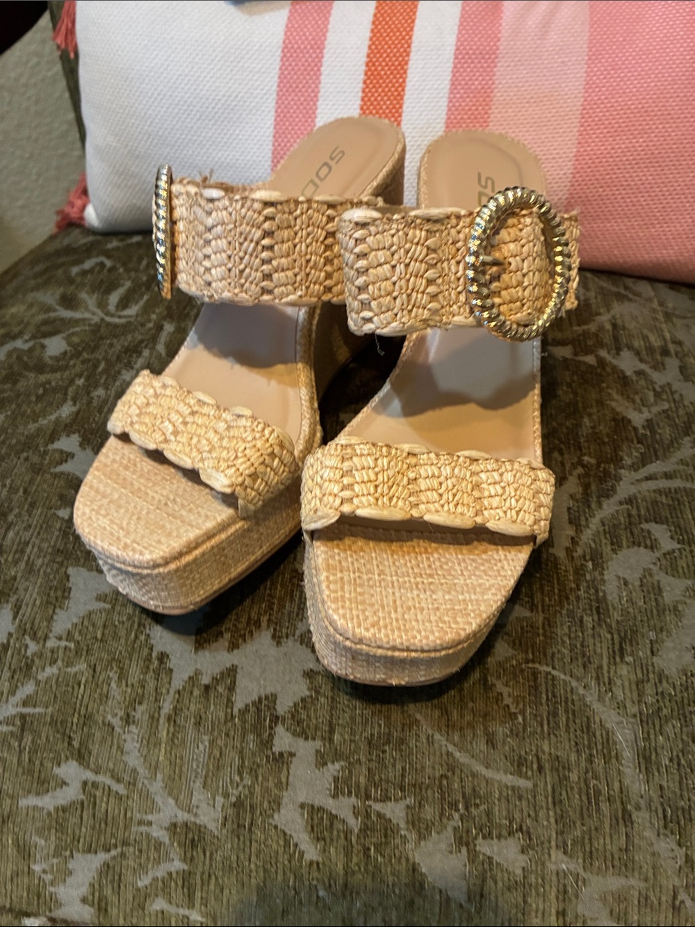 Soda Beige Woven Platform Sandals with Gold Buckles